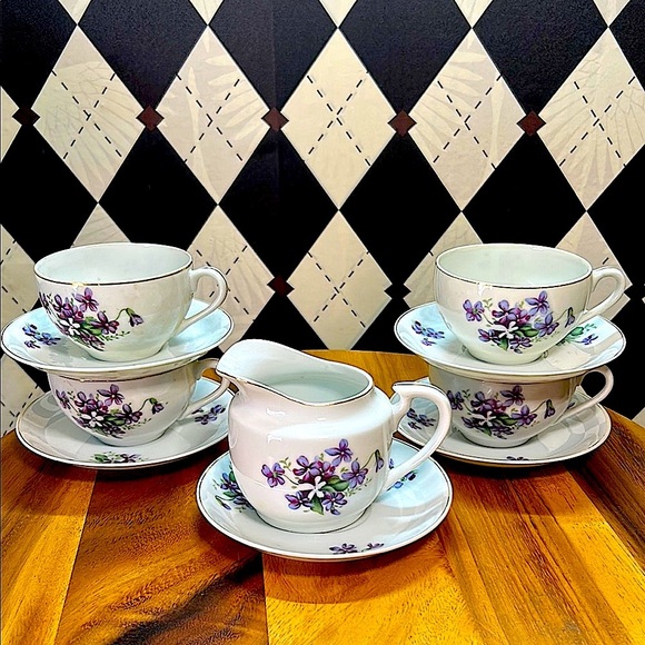 Other - Vintage Floral Tea Set of 10 – Purple Accents – Cups, Saucers, Creamer & Saucer